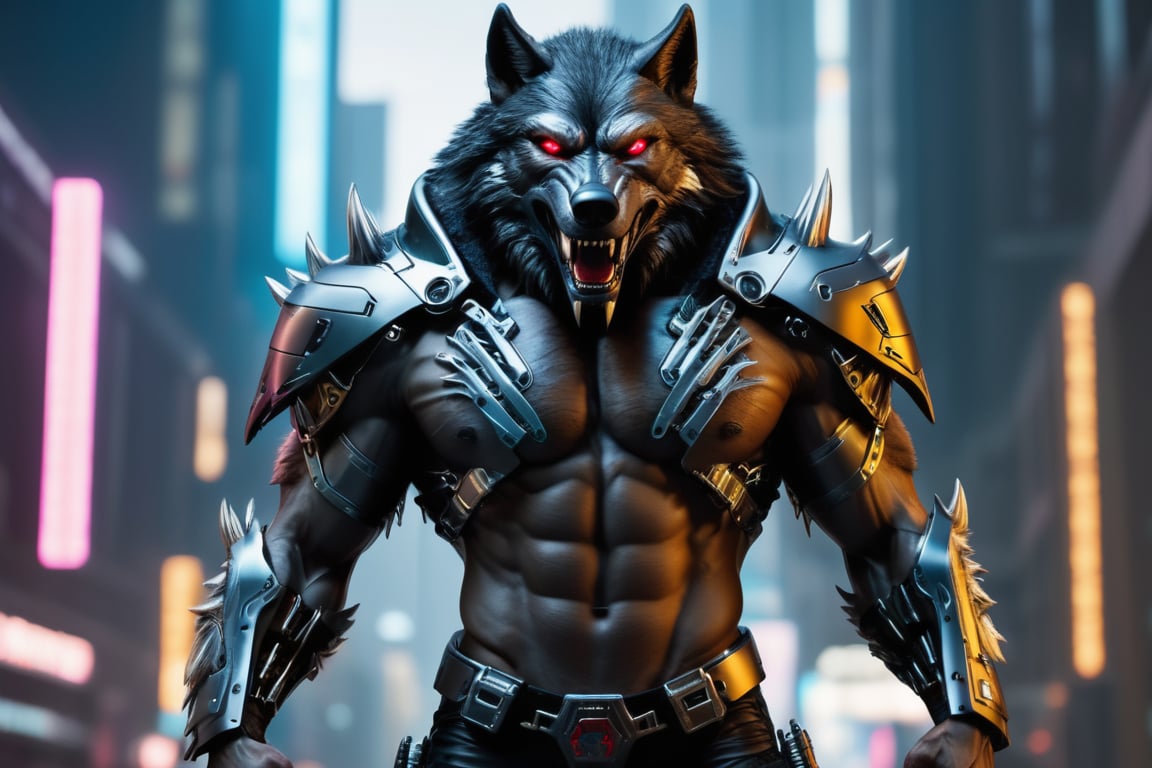 cyberpunk style, 5 werewolf, 5 muscular werewolf, robot werewolf wolf, Hi-Tech cybernetic werewolf wolf body, Hi-Tech glowing, full armor, sharp clows, black cloak, each color, swords,