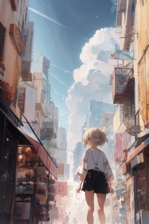 (blurry background:1.3), (extremely detailed fine touch:1.3), ///, girl, light blonde short hair, chignon, mixed media, diverse materials, unexpected combinations, creative exploration, vibrant composition, town, fashionable street, cute store, sky, cloud, horizon, put one's hand in one's pocket, reflection