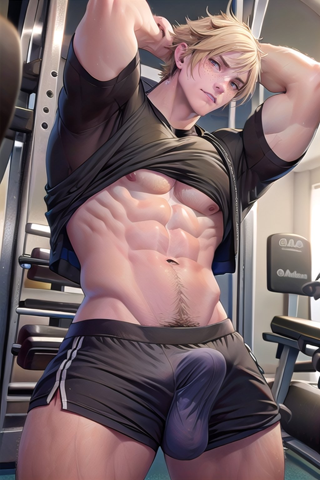 4K,male,VPL,body hair,abs hair,Detailedface,bulge,gym_uniform,prompto argentum,freckles,grabbing_penis