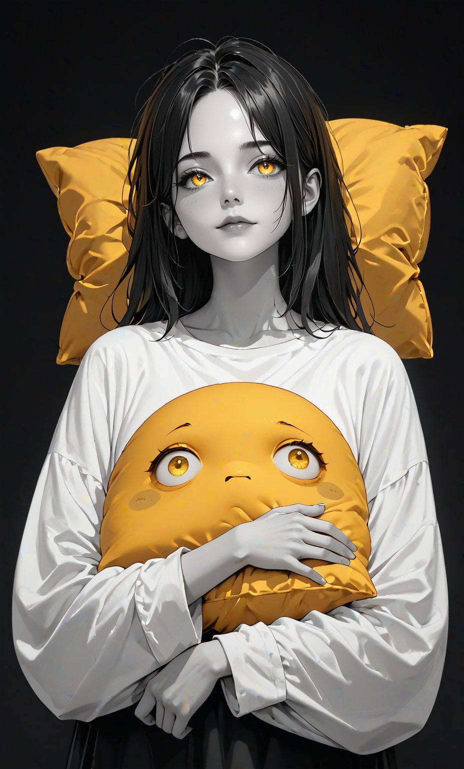 , score_9, score_8_up, score_7_up, sleepy, standing, oversized white shirt, long black hair, yellow inner hair, holding a pillow, yellow eyes, (black background):1.5, (spot color, selective color, selective_coloring, grayscale skin, monochrome:0.3, grayscale:0.3),