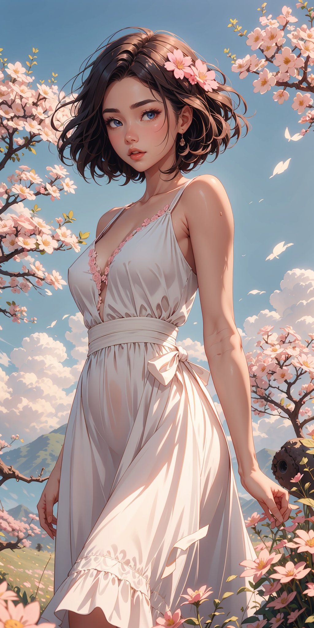 a woman in a white dress standing in front of a tree with pink flowers on it and a blue sky,Chizuko Yoshida,rossdraws global illumination,a detailed, ,Sexy Women ,More Detail