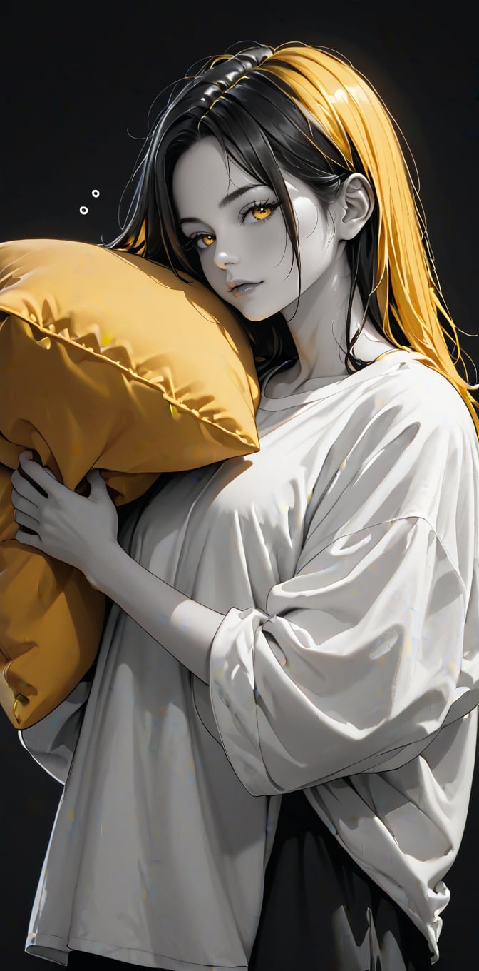 , score_9, score_8_up, score_7_up, sleepy, standing, oversized white shirt, long black hair, yellow inner hair, holding a pillow, yellow eyes, (black background):1.5, (spot color, selective color, selective_coloring, grayscale skin, monochrome:0.3, grayscale:0.3),