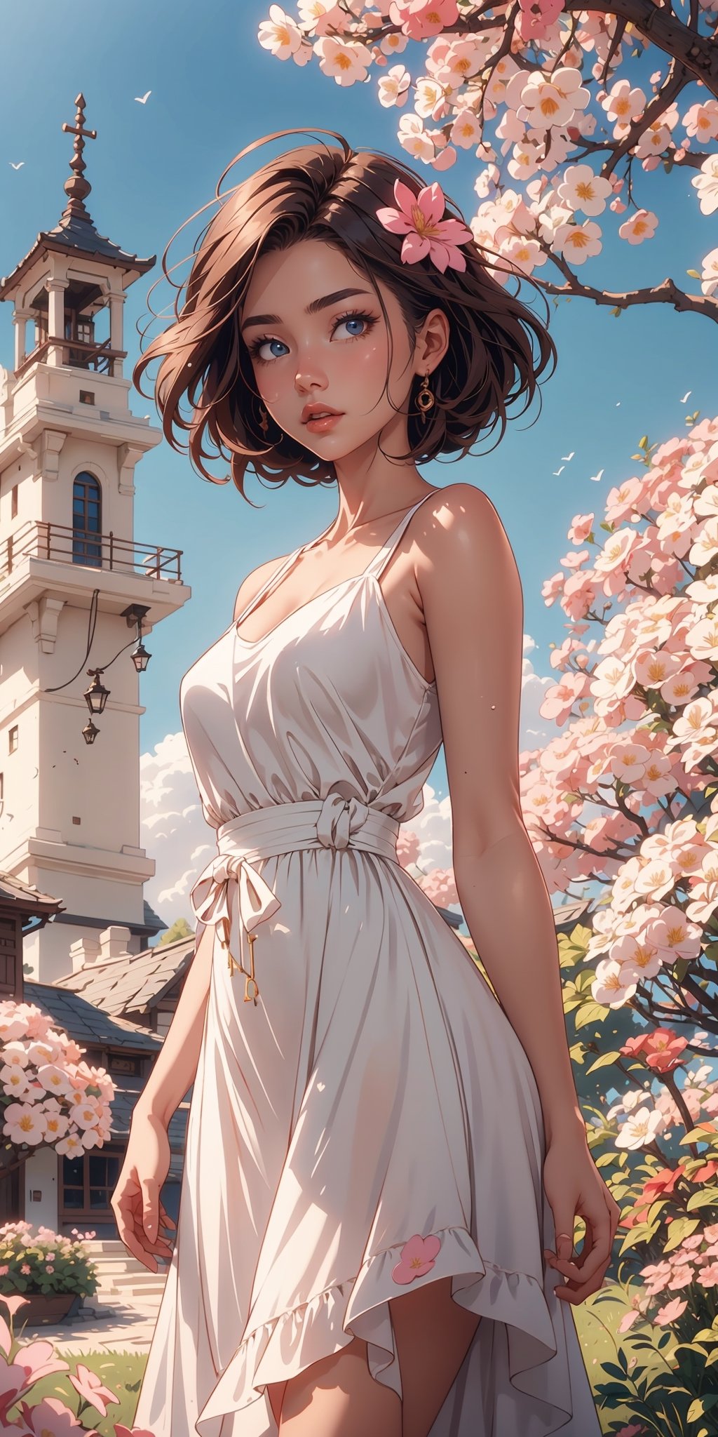 a woman in a white dress standing in front of a tree with pink flowers on it and a blue sky,Chizuko Yoshida,rossdraws global illumination,a detailed, ,Sexy Women ,More Detail