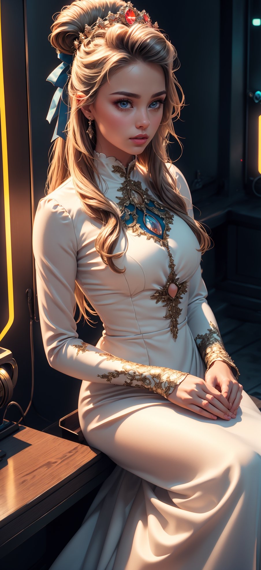 (ultra realistic,32k, masterpiece:1.2),(high detailed skin:1.1),( high quality:1.1), ultrarealistic,   professional photograph shot on Canon EOS R6, 80mm,
nyna, hair ribbon, crown, white dress, long dress, long sleeves , ,(huge breast:0.9),(looking at viewer, sitting, from above:1.1),,
,(neon light:1.1),  blank background