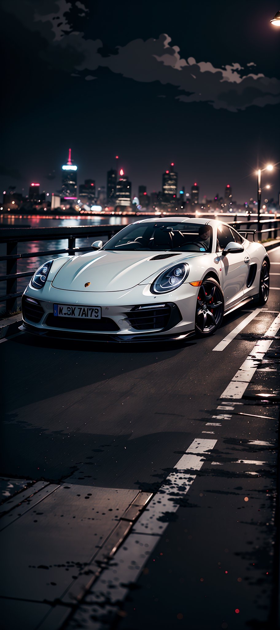 a cinematic film shot of a concept porsche on a bridge, long exposure, hdr, realistic, dimly lit, high contrast,  shallow depth of field, moody, bokeh,