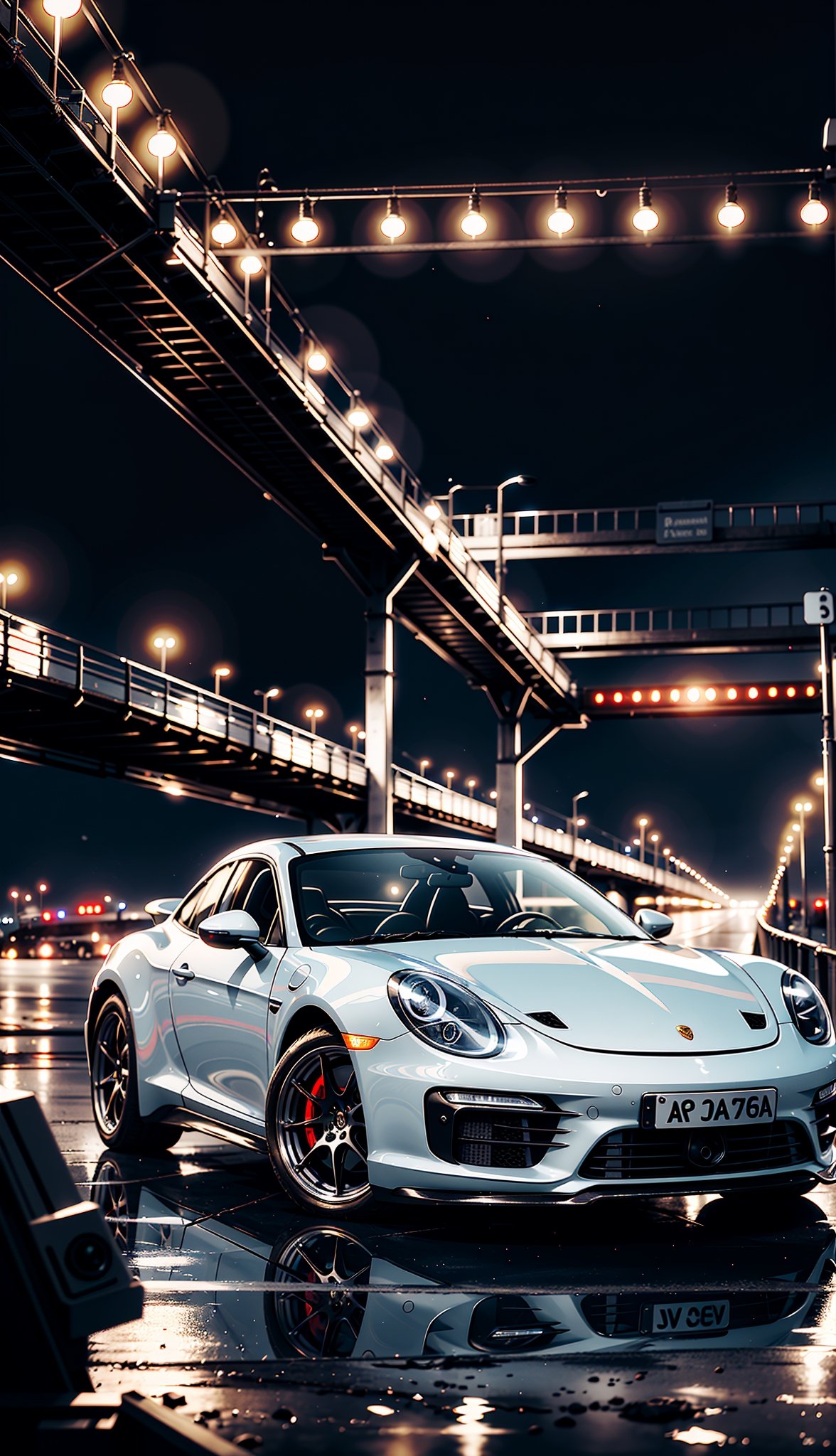 a cinematic film shot of a concept porsche on a bridge, long exposure, hdr, realistic, dimly lit, high contrast,  shallow depth of field, moody, bokeh,