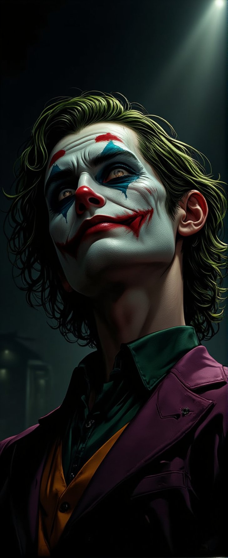 detailed illustration, illustration by Serpieri, best quality, masterpiece, portrait of The Joker (Batman, Heath Ledger), dramatic lighting, chiascuro, light hitting one side of the face, High Definition HD, High Detail, Perfect Composition, mythp0rt