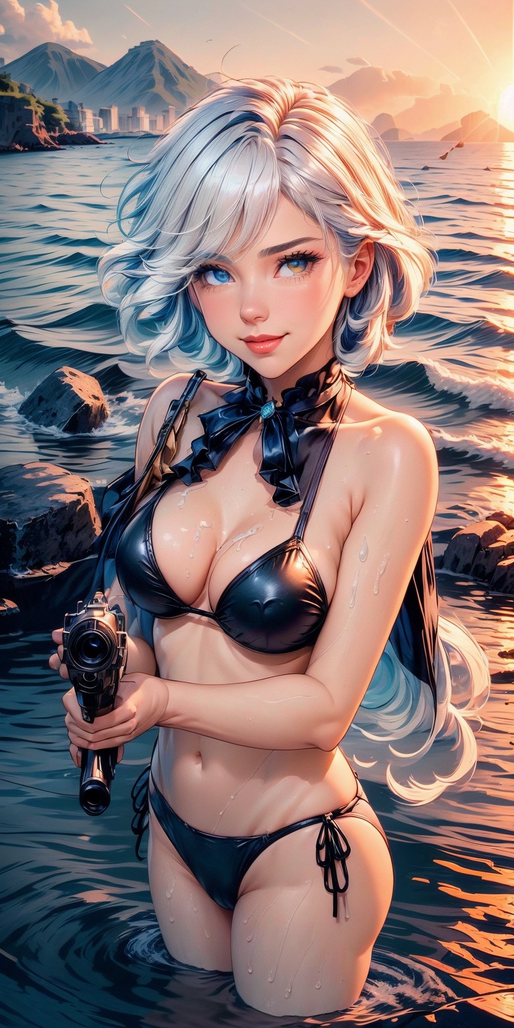 (extremely detailed CG unity 8k wallpaper, masterpiece, best quality, ultra-detailed, beautiful detailed eyes:1.2) furina \(genshin impact\), heterochromia, evil smile, wet, skin, cleavage, bikini, beach, holding gun, aiming, wading, fluffy clouds, waves, sunrise, mountains, water splash 