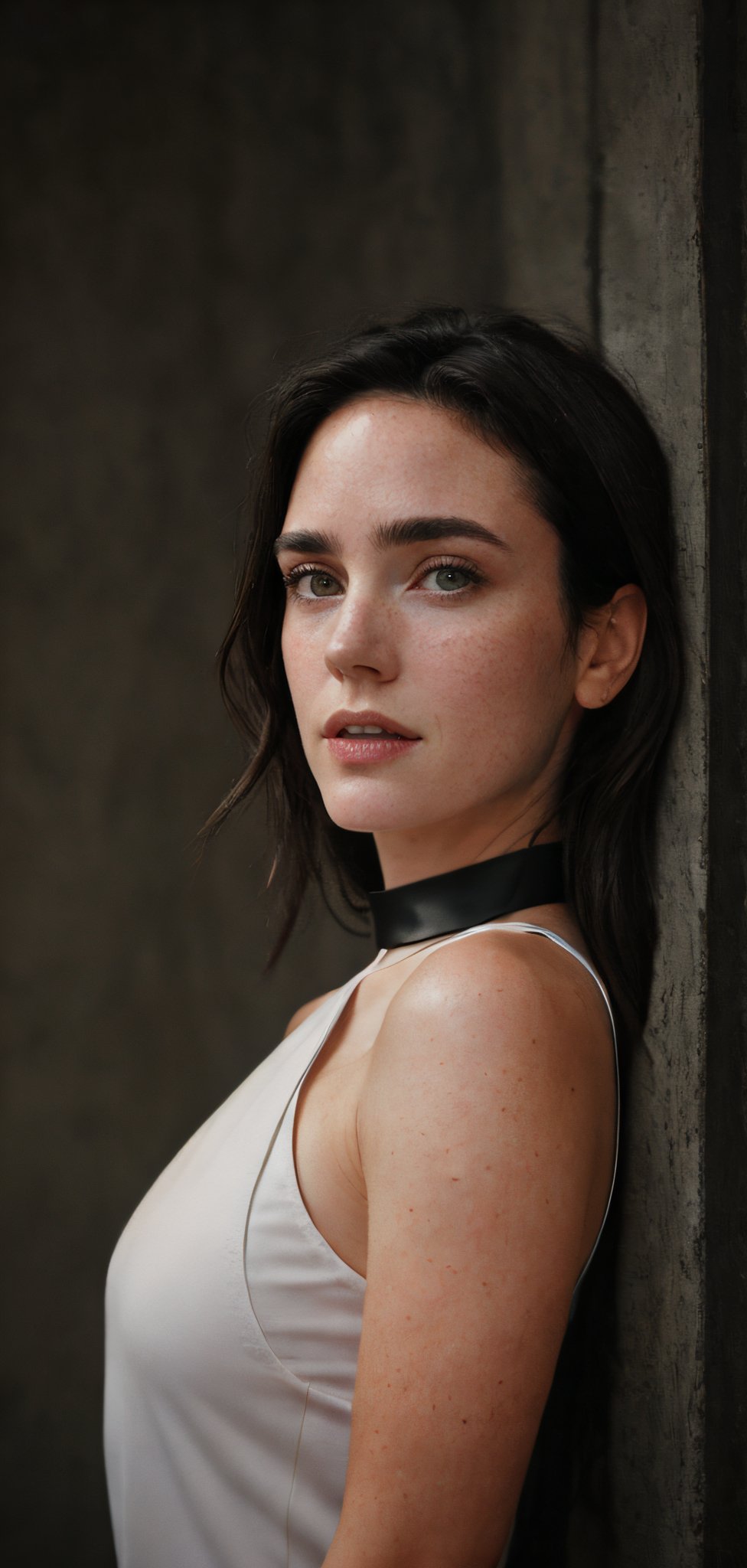 Take a day light moody photo of a young woman with perfect legs, wearing a tank top and a stylish collar or choker accessory, showcasing her freckles and a small, intriguing tattoo on her arm. The woman should have a slight smirk on her face, and her detailed face, especially her detailed nose, should be the focal point of the image. Use the rule of thirds in composition to frame her boob beautifully, and enhance the photo with dramatic lighting to add depth and intensity. Place the woman against a Fantastic outdoor Scenery background that complements her personality and adds shadows.",lalisamanoban, no_humans, Detailedface, Detailedeyes, JenniferConnelly