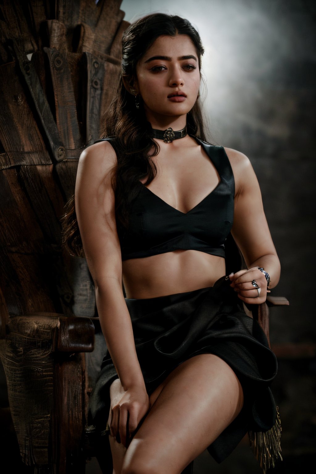 Take a day light moody photo of a woman in a sitting pose on a game of thrones chair with lots of swords, wearing a saree and a stylish collar or choker accessory, showcasing her tight hips and an intriguing tattoo on her arm. The woman should have a narrow waist, and her detailed face, especially her detailed nose, should be the focal point of the image. Use the rule of thirds in composition to frame her face beautifully, and enhance the photo with dramatic lighting to add depth and intensity. Place the woman against a game of throne background that complements her personality and adds shadows.",lalisamanoban, rashmika, ,no_humans,Detailedface,Detailedeyes,thigh sex,shrutih,black business suit,MFBP1,Game of Thrones