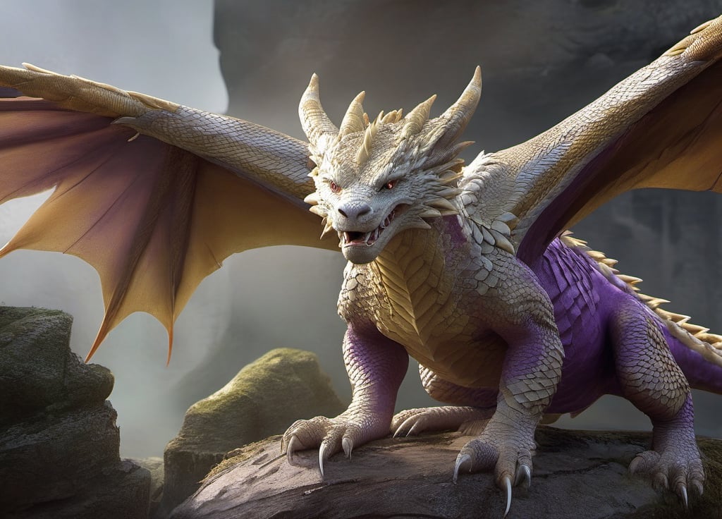 dragon looking at the camera,real life,ultra-realistic,Realistic, (ultra-detailed:2), (ultra definition:2),Dragon Made of Scales, beige and white scales, beaked snake head, epic legendary dragon, different positions,in the ruins, flying dragon, albino dragon with ((purple tabby stripes)), Full Body, highly defined robust and muscular body, (Perfect Eyes:2),(highly defined face and mouth:2), Intricately Detailed, Lightning Art, Particles, Beautiful and Majestic, Stunning, Large Majestic and Awesome Wings, thick and majestic tail, (Two Wings:2), (four paws:2), Shocking, Intimidating, Imposing, Highly Detailed, Large Sharp Fangs, (Perfect Claws:1.9), Digital Art, Sharp Focus, Trending in Art Station, Still Film, Warm Tones, dfdd, Greg Rutkowski, HZSteampunk, 2d_animated, horror, in a jar,xxmix_girl,lis4,EpicLand,b3rli,huayu,Sci-fi,ruins,moss,EpicSky,6000,photo r3al