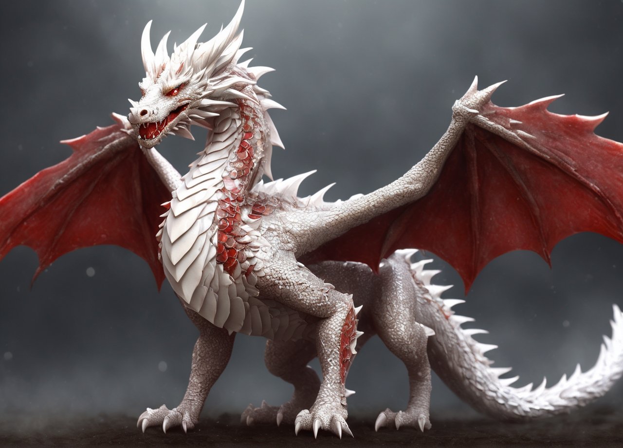 Realistic, Dragon Made of Scales, White with Red Stripes, Desolate, Intricately Detailed, Lightning Art, Particles, Beautiful, Breathtaking, large majestic and imposing wings, Shocking, intimidating, Imposing, Highly Detailed, Large Sharp Fangs, Digital Art, Sharp Focus, Trending in Art Station, Movie fixed, warm tones,Spirit Fox Pendant