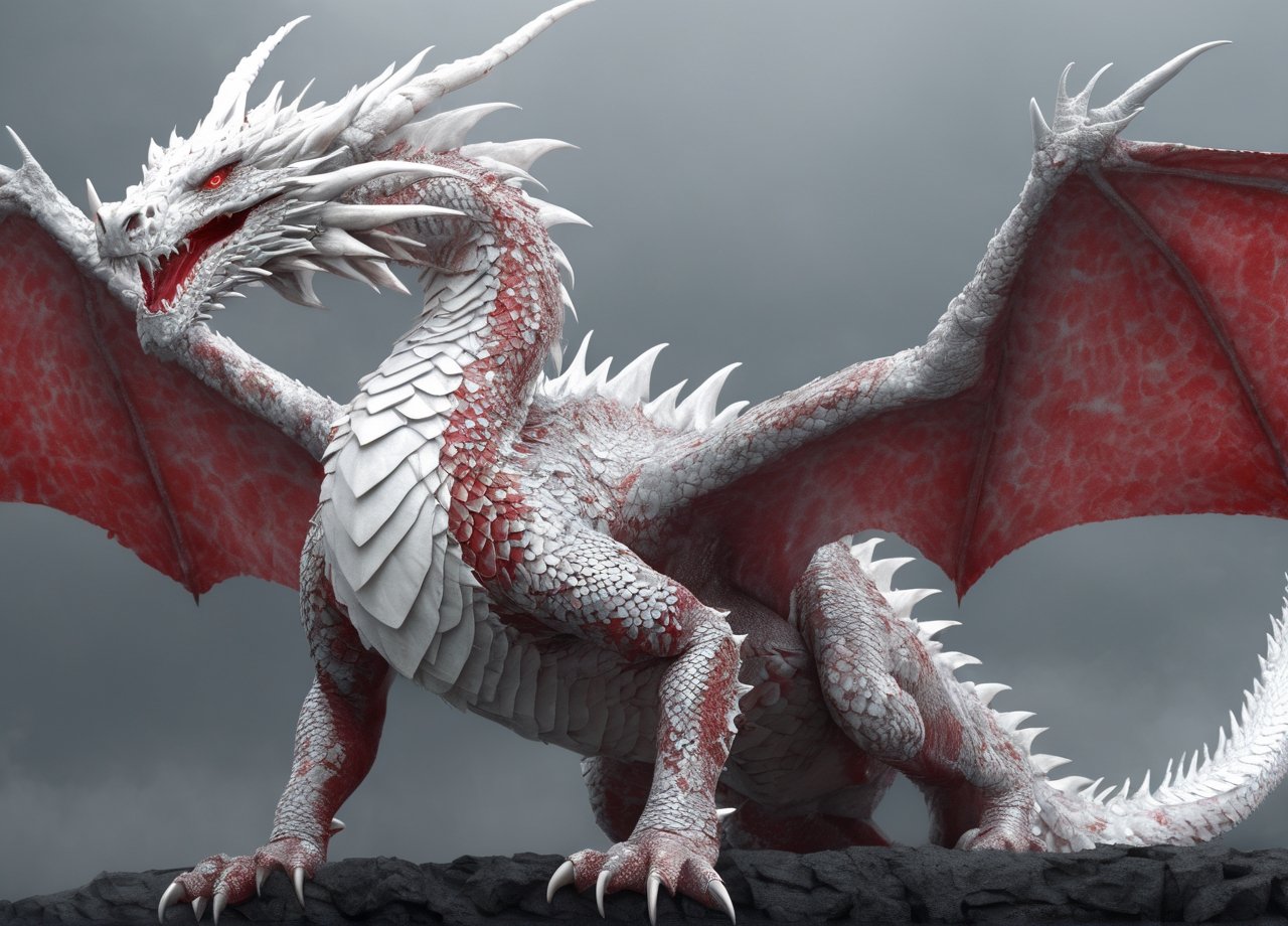 Realistic, Dragon Made of Scales - White with Red Stripes, Desolate, Intricately Detailed, Lightning Art, Particles, Beautiful, Breathtaking, Impressive, Shocking, Highly Detailed, Digital Art, Sharp Focus, Trending in Art Station, Still Film, ,Movie Still