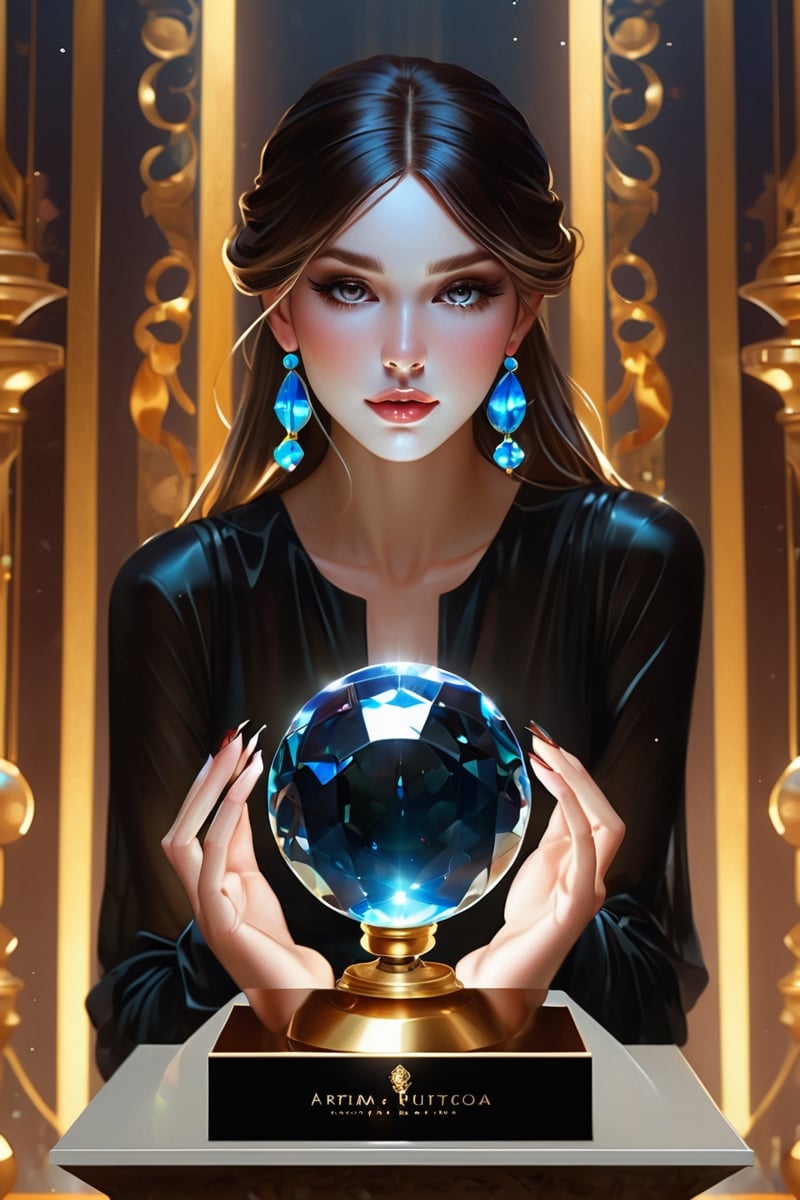 detailed shot of a beautiful slender woman on a gold pedestal, with makeup, hypnotizing look, the hematite stone crystal ball in her hand, artistically posing with the hematite, digital painting, intricate, elegant, highly detailed, art station, impressionistic art, smooth, sharp focus, illustration, Unreal Engine 5, 8k, art by artgerm and greg rutkowski and alphonsemucha,shards,glass,brocken glass,transparent glass,pieces of glass,darkart