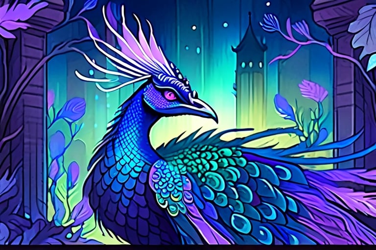 digital art concept of a peacock dragon, whimsical, fantasy, watercolor pencil sketch, 8k, intricate details, scaled feathers,  digital art, fantasy dragon, DTstyle,night_view_background,Movie Still,LinkGirl,chinese ink drawing,with blacklight makeup,ink scenery