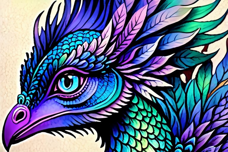 digital art concept of a peacock dragon, whimsical, fantasy, watercolor pencil sketch, 8k, intricate details, scaled feathers,  digital art, fantasy dragon, DTstyle,night_view_background,Movie Still,LinkGirl,chinese ink drawing,with blacklight makeup,ink scenery,DonMn1ghtm4reXL,NightmareFlame,orn8