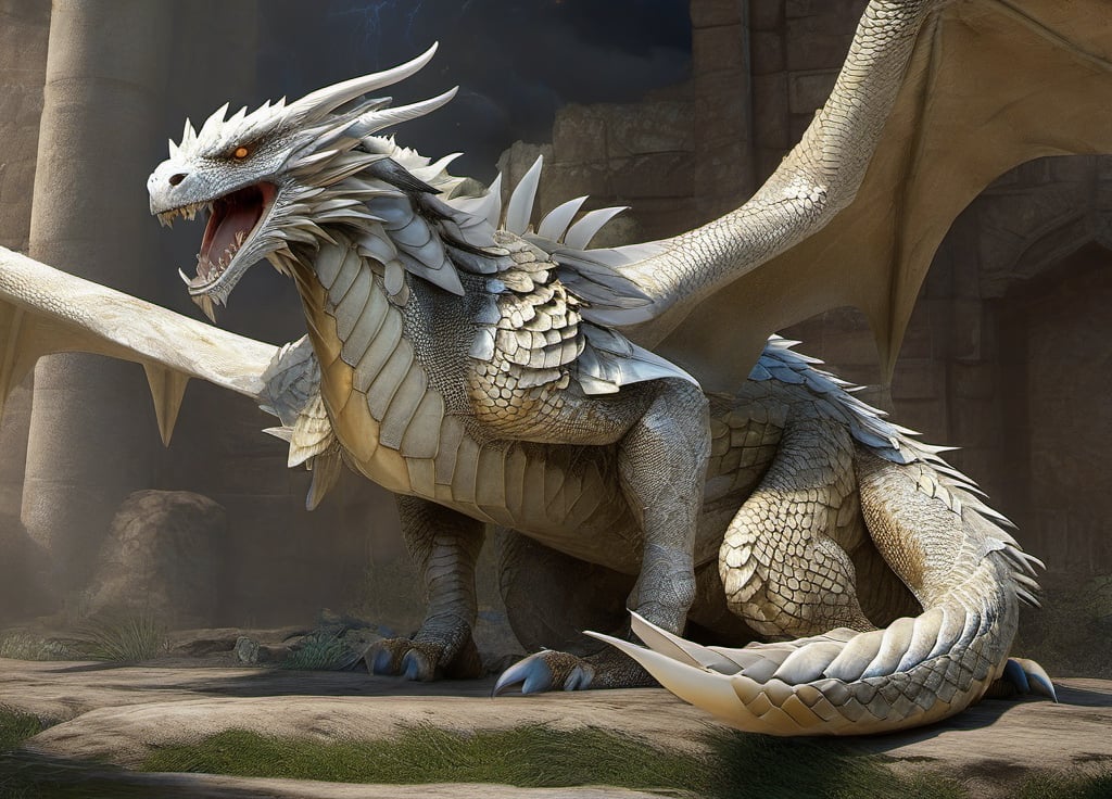 dragon looking at the camera,real life,ultra-realistic,Realistic, (ultra-detailed:2), (ultra definition:2),Dragon Made of Scales, beige and white scales, beaked snake head, epic legendary dragon, different positions,inside the ruins, albino dragon with blue stripes, Full Body, highly defined robust and muscular body, (Perfect Eyes:2),(highly defined face and mouth:2), Intricately Detailed, Lightning Art, Particles, Beautiful and Majestic, Stunning, Large Majestic and Awesome Wings, thick and majestic tail, (Two Wings:2), (four paws:2), Shocking, Intimidating, Imposing, Highly Detailed, Large Sharp Fangs, (Perfect Claws:1.9), Digital Art, Sharp Focus, Trending in Art Station, Still Film, Warm Tones, dfdd, Greg Rutkowski, HZSteampunk, 2d_animated, horror, in a jar,xxmix_girl,lis4,EpicLand,b3rli,huayu,Sci-fi,ruins,moss,EpicSky,6000,photo r3al