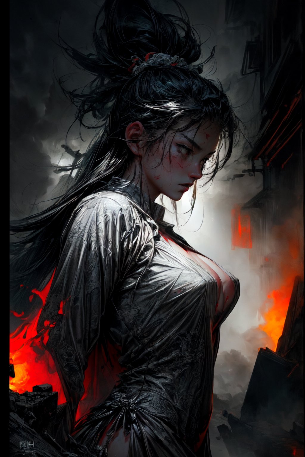 (front view:1. 2) of a graceful female angel, large white wings folded down, sad, intricate white dress, walk on decrepit street, destroyed buildings, dark sky, active fires in background, volumetric fog, subsurface scattering, ambient occlusion, post apocalyptic, ruins of war, fire, smoke, (bokeh:1. 4), masterpiece, female goddess, scar face, a heavenly emperor with fiery skin and clothing, fiery hair, with a fiery and steamy highly detailed fiery battlefield in the background, sci-fi, flickering halogen lamps, muted dark colors, high dynamic range, aggressive pose, full body, perfect face, detailed face, perfect body, dragon tattoos, scars, smudge, blood stained skin, complex details, highly detailed body, highly detailed skin, highly detailed face, reflective textures, steamy skin, dripping blood, The fiery goddess film franchise, photorealistic, masterpiece, hyperrealism, analog style, 8K UHD, RAW, octan render, concept art, professionally color graded, muted LUT, HR Giger, Hans Ruedi Giger, by Aaron Horkey and Jeremy Mann, 