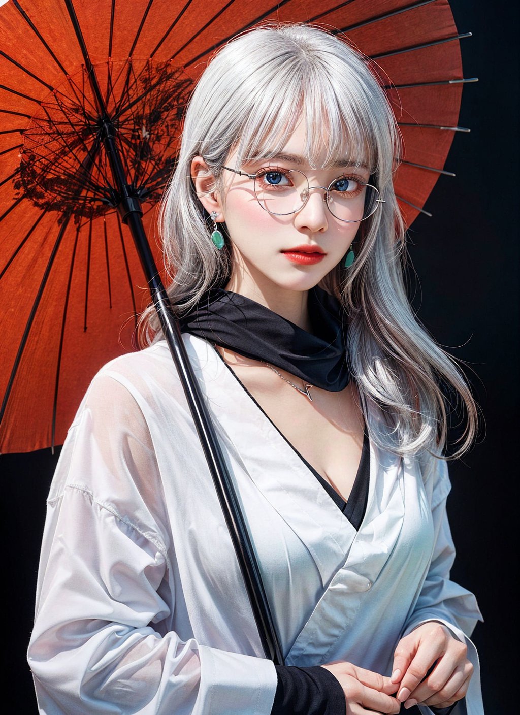 assassin, female, solo, wearing eyeglass, see through white kimono with dragon imprint, looking at viewer, dark scarf, long hair, holding an umbrella, wagasa, white hair, necklace with jade pendant, earrings, cleavage, exaggerated curves, brown_skin, whole body, glowing eyes, lips, ((masterpiece, best quality)), art by greg rutkowski, trending on artstation,perfecteyes,Indian,anamr,drow,,c.c.,Btflindngds,brown eyes