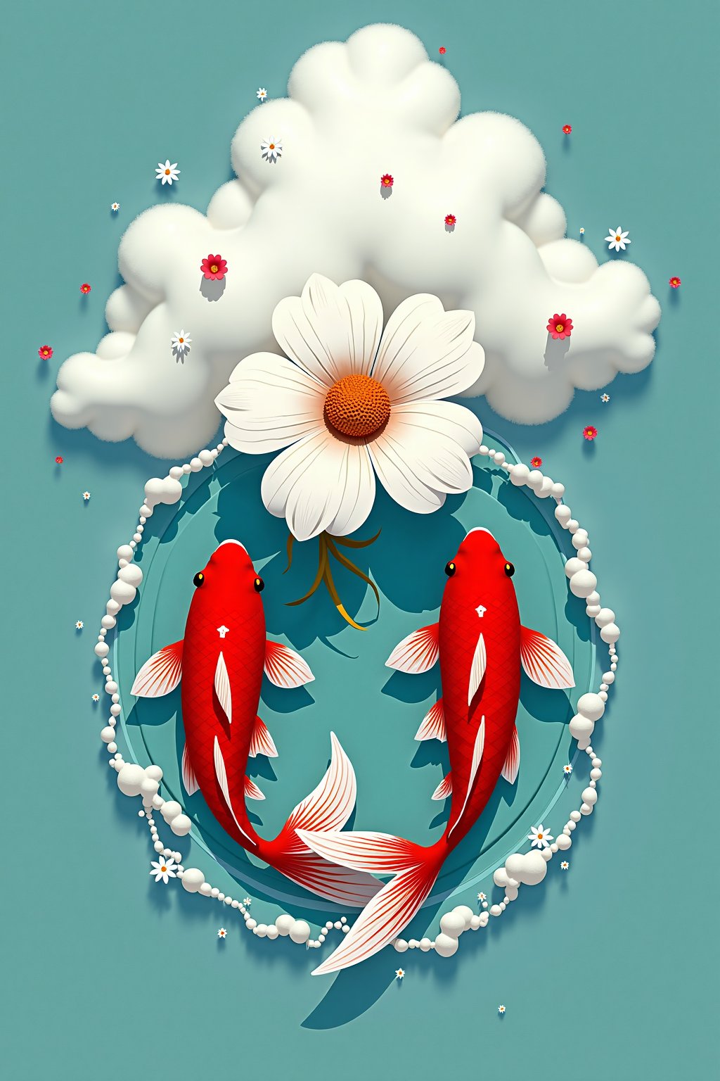 white cloud, white flower splash, water splash, 2 red koi fish, nature,Leonardo Style,oni style,vector style, monochromatic color, illustration,vector art, teal background with dimentional,dfdd
