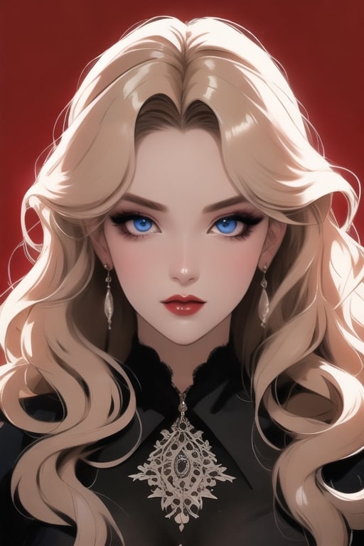 🏷️[Looking at the Viewer, MakeUp, close up, long hair, Upper Body, Earrings, Wavy Hair, Retro Artstyle, ((1980s \(style\))), Eyeshadow, Eyelashes, (((Glowing))), (Red Lips), Sky, blood, Simple Background, Breast, French Clivage]
🏷️[Baroque, Castlevania Style, Vampie, Goth, Dress]
🏷️[(Eris Etolia), Blonde long hair, Blue Eyes, Pale Skin]

((High-Quality)), ((Aesthetic)), ((Masterpiece)), (Intricate Details), Coherent Shape, (Stunning Illustration), Black, ,Goth Portrait, Masterpiece, Castlevania Lightning, Vampire, Portrait, Gothic Art