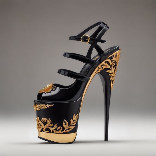 🏷️【neo-baroque_design】+【ornate_jeweled, golden_ornamental, intricated_golden_details, ornated_filigree_leaves】

Technical and formal description of a women's high-heeled platform sneaker.

The image shows a women's high heel and platform sneaker with a contemporary and sophisticated design. The sneaker is made from high-end materials and features an impeccable finish.

Platform

The platform has a height of 5 centimeters, which provides a moderate height increase. The shape of the platform is rectangular with rounded edges, giving it an elegant and feminine look. The top surface of the platform is polished for a glossy and reflective finish, giving it a luxurious and sophisticated look. The bottom surface of the platform has a rough texture to provide traction and prevent slipping.

The material used for the platform is a high-density thermoplastic polymer (PTD). PTD is a tough, durable material that is easy to clean. In addition, PTD is a lightweight material, which helps make the shoe comfortable to wear.

Heel

The heel has a height of 15 centimeters, which provides a significant height increase. The shape of the heel is stiletto, which gives it a sleek and sophisticated look. The heel is made of a high quality metal alloy (AMHC). AMHC is a tough and durable material that is capable of withstanding heavy loads. In addition, AMHC is a lightweight material, which helps make the heel more comfortable to wear.

The heel features an embossed floral design, made using a high-precision embossing process. The floral design is composed of a series of stylized flowers that run the entire length of the heel. The floral design is hand-painted with metallic pigments, giving it a luxurious and sophisticated look.

Upper

The upper of the sneaker is made from a highly flexible and resilient synthetic polymer (PSFR). PSFR is a tough and durable material that is capable of withstanding heavy loads. In addition, PSFR is a lightweight material, which helps make the shoe more comfortable to wear.

The front of the shoe is open, leaving the toes exposed. The back of the shoe has a buckle closure at the ankle, allowing for a customized fit. The buckle closure is made of genuine leather, giving it a luxurious and sophisticated look.