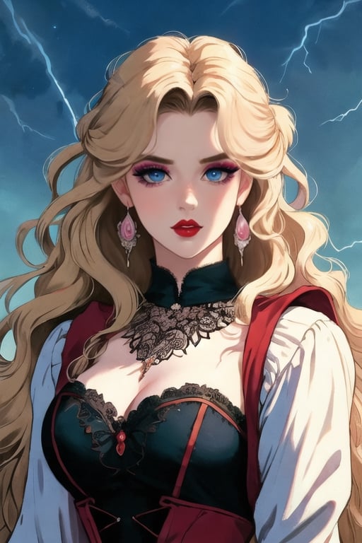 🏷️[Looking at the Viewer, MakeUp, close up, long hair, Upper Body, Earrings, Wavy Hair, Retro Artstyle, ((1980s \(style\))), Eyeshadow, Eyelashes, (((Glowing))), (Red Lips), Sky, blood, Simple Background, Breast, French Clivage]
🏷️[Baroque, Castlevania Style, Vampie, Goth, Dress]
🏷️[(Eris Etolia), Blonde long hair, Blue Eyes, Pale Skin]

((High-Quality)), ((Aesthetic)), ((Masterpiece)), (Intricate Details), Coherent Shape, (Stunning Illustration), Black, ,Goth Portrait, Masterpiece, Castlevania Lightning, Vampire, Portrait, Gothic Art