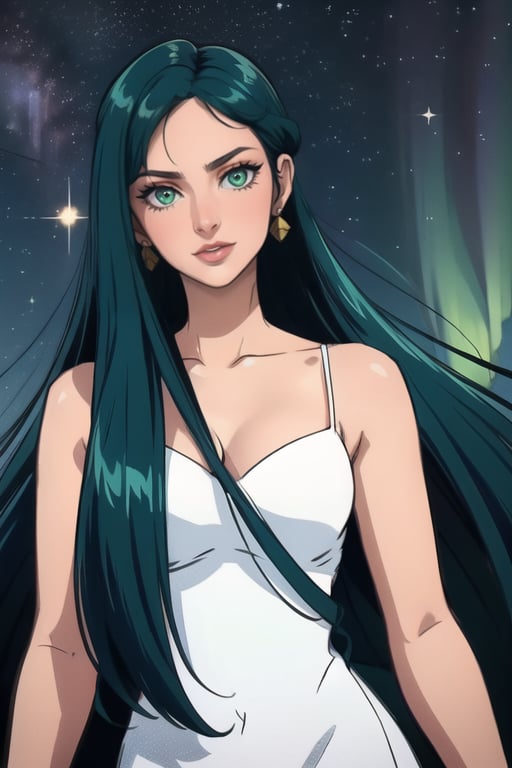 Pale woman, Green Eyes, long straight hair, very liong hair, greekish attire, Goddes, long white dress, stardust, sparkle, pluto, planets, smirk, red lips, elaborated clothes, beautiful woman

Outdoors, aurora in the sky, midnight, Morning star, shinning star

💡 **Additional Enhancers:** ((High-Quality)), ((Aesthetic)), ((Masterpiece)), (Intricate Details), Coherent Shape, (Stunning Illustration), [Dramatic Lightning],midjourney