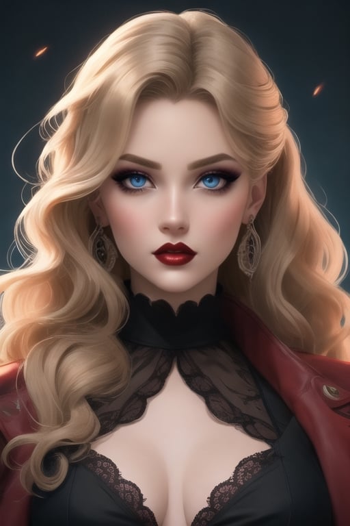 🏷️[Looking at the Viewer, MakeUp, close up, long hair, Upper Body, Earrings, Wavy Hair, Retro Artstyle, ((1980s \(style\))), Eyeshadow, Eyelashes, (((Glowing))), (Red Lips), Sky, blood, Simple Background, Breast, French Clivage]
🏷️[Baroque, Castlevania Style, Vampie, Goth, Dress]
🏷️[(Eris Etolia), Blonde long hair, Blue Eyes, Pale Skin]

((High-Quality)), ((Aesthetic)), ((Masterpiece)), (Intricate Details), Coherent Shape, (Stunning Illustration), Black, ,Goth Portrait, Masterpiece, Castlevania Lightning, Vampire, Portrait, Gothic Art