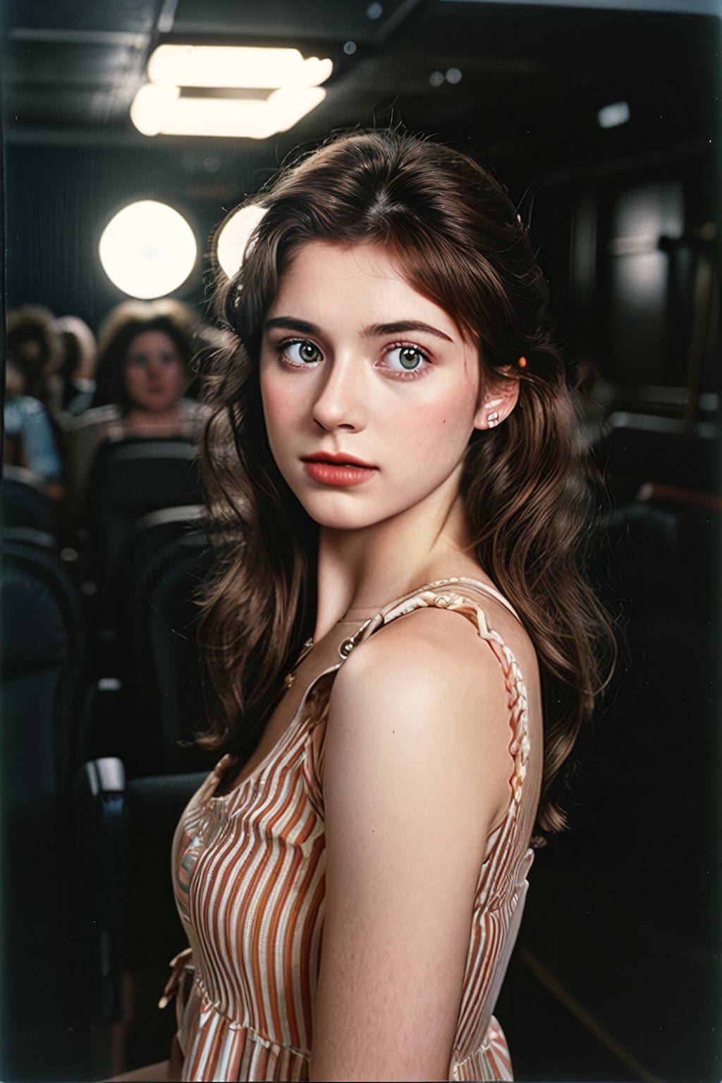 a european girl , cine, in cinema, 80s, year 1985, summer dress, ginger, by lee jeffries nikon d850 film stock photograph 4 kodak portra 400 camera f1.6 lens rich colors hyper realistic lifelike texture dramatic lighting unrealengine trending on artstation cinestill 800,realism,realistic,raw,analog,woman,portrait, eyes coofe, inside a cinema, dressed in the 80s, hairstyle 35 years ago, vintage elements, 