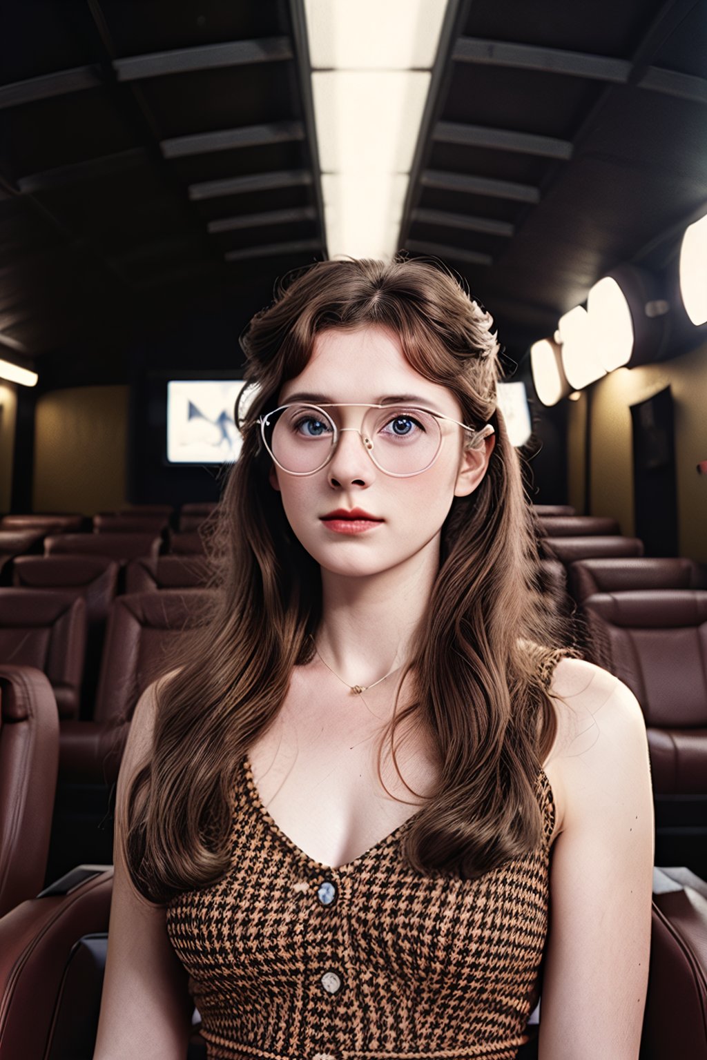 a european girl , cine, in cinema, 80s, year 1985, summer dress, ginger, by lee jeffries nikon d850 film stock photograph 4 kodak portra 400 camera f1.6 lens rich colors hyper realistic lifelike texture dramatic lighting unrealengine trending on artstation cinestill 800,realism,realistic,raw,analog,woman,portrait, , inside a cinema, dressed in the 80s, hairstyle 35 years ago, vintage elements, vintage glasses darness, vintage hairstyle, sunglasses