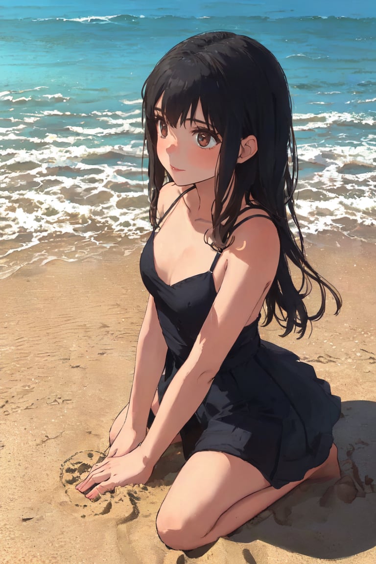 A minor girl playing with the sand on the beach, small bust, shy look (((perfec hands))),cassdawnlvl1 