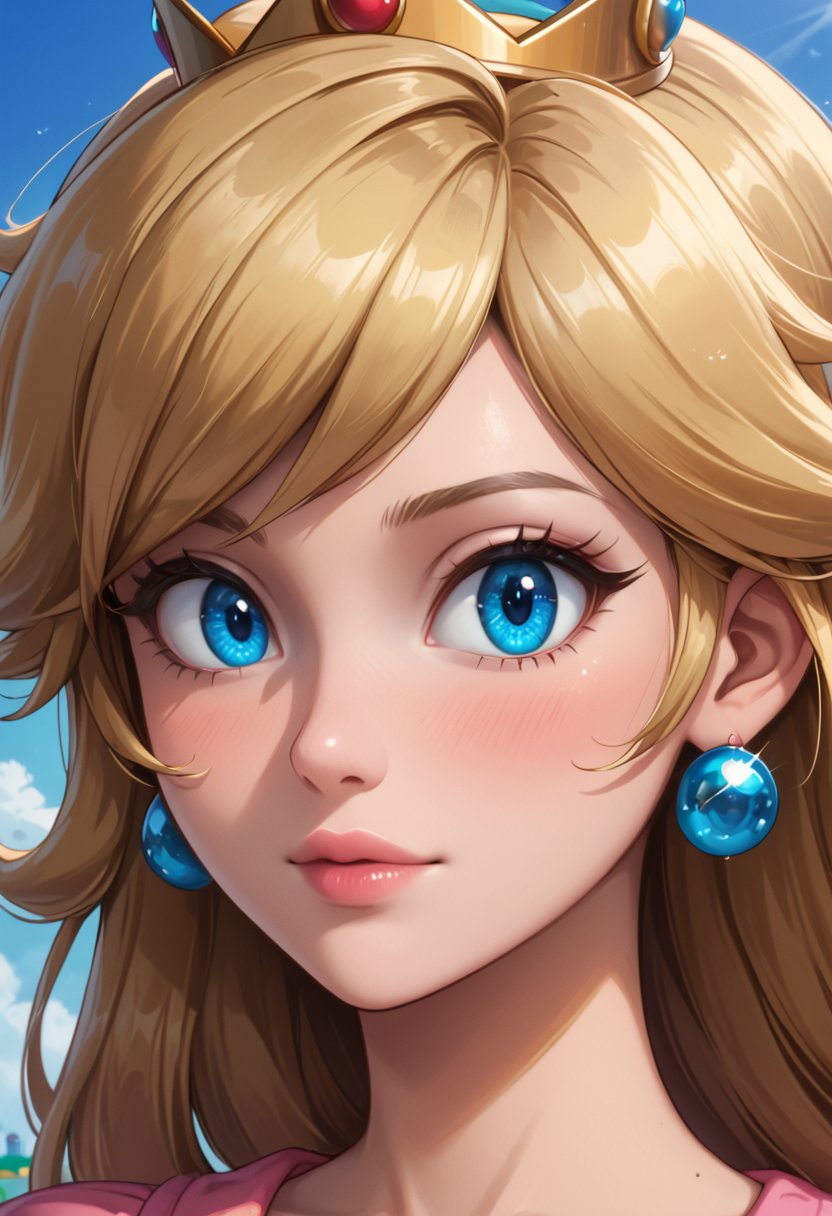 score_4, score_3_down, score_2_down, 1 girl, blonde, crown,  close up, art, blue eyes, peach princess, super mario bros nintendo look, digital art, floating hair, Extremely Realistic, art photography, 