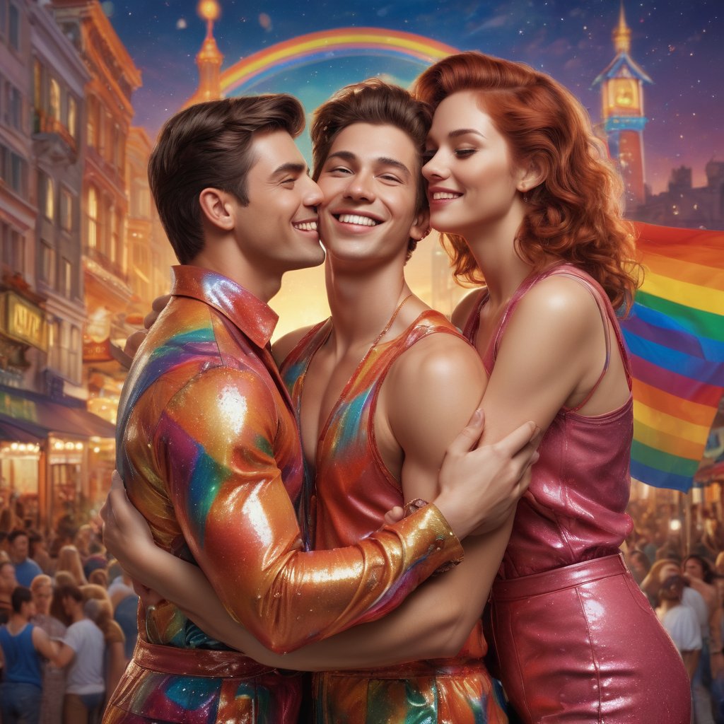 ((two gay men hugging and two lesbian women hugging)), A bold, bright, and beaming poster exudes campy charm! A dashing figure, resplendent in a sparkly jumpsuit, strikes a pose against a kaleidoscope of rainbow hues. The iconic flag waves proudly in the background, set against a cityscape's twinkling lights. Framed by ornate gold filigree, the subject's confident smile and sassy gaze dare you to 'Come out, come out, wherever you are!' - A defiant declaration of pride and unity, rendered in vivid colors and playful flair.