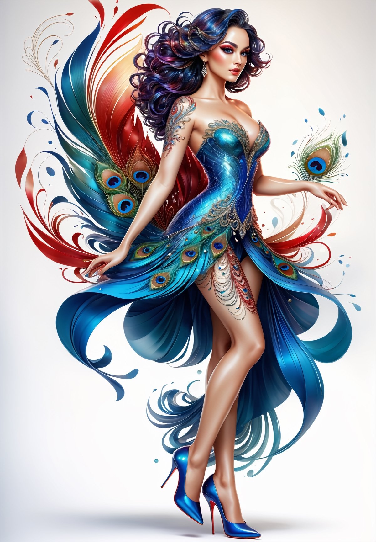 thin and very fine color lines stroke, ink splash art, 1 liquid lady made of colors, colorful peacock feathers, filigree, filigree detailed, swirling blue waves and red flame, intricated walking pose, big beautiul eyes, reflections, full body portrait, crystal high heels,