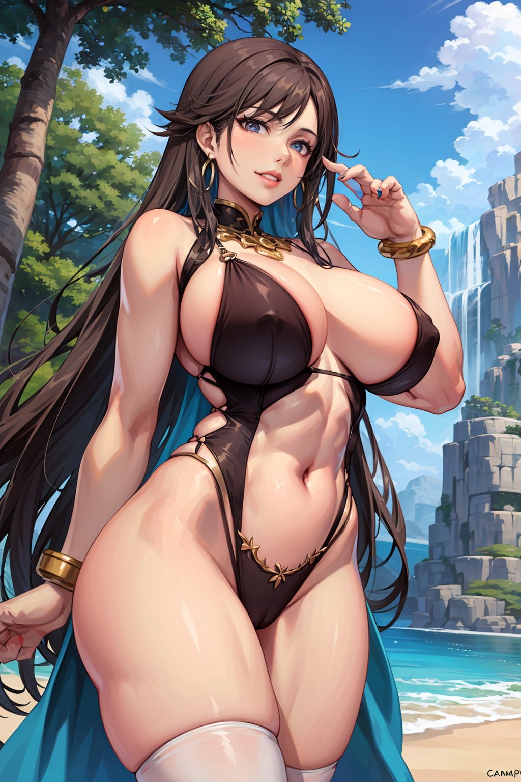 1girl, pose, cowboy shot, blush, bow, large breasts, brown hair, pale skin, (very long hair), multicolored wavy hair, looking at viewer, navel, curvy, narrow waist, toned, huge breasts,

jewelry, necklace, hoop earrings, belly chain, bracelet, bangle, navel, makeup, lipstick, red bikini, ornate clothes, ornate, robe, princess, gloves, thighhighs, cameltoe, highleg leotard, see-through sleeves, see-through sarong,

blanket , hay , parted lips , smile , solo , highres, masterpiece, best quality, high quality, absurdres, scenery, beach, waterfall, dappled_sunlight,