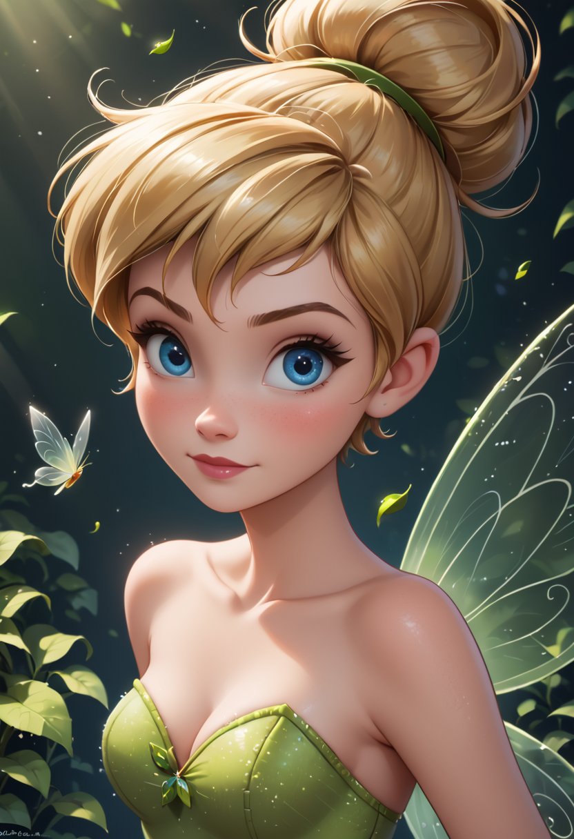 score_4, score_3_down, score_2_down, 1 girl, short blonde hair,  close up, art, blue eyes, Tinker bell, Disney fairy look, digital art, floating hair, Extremely Realistic, art photography, 