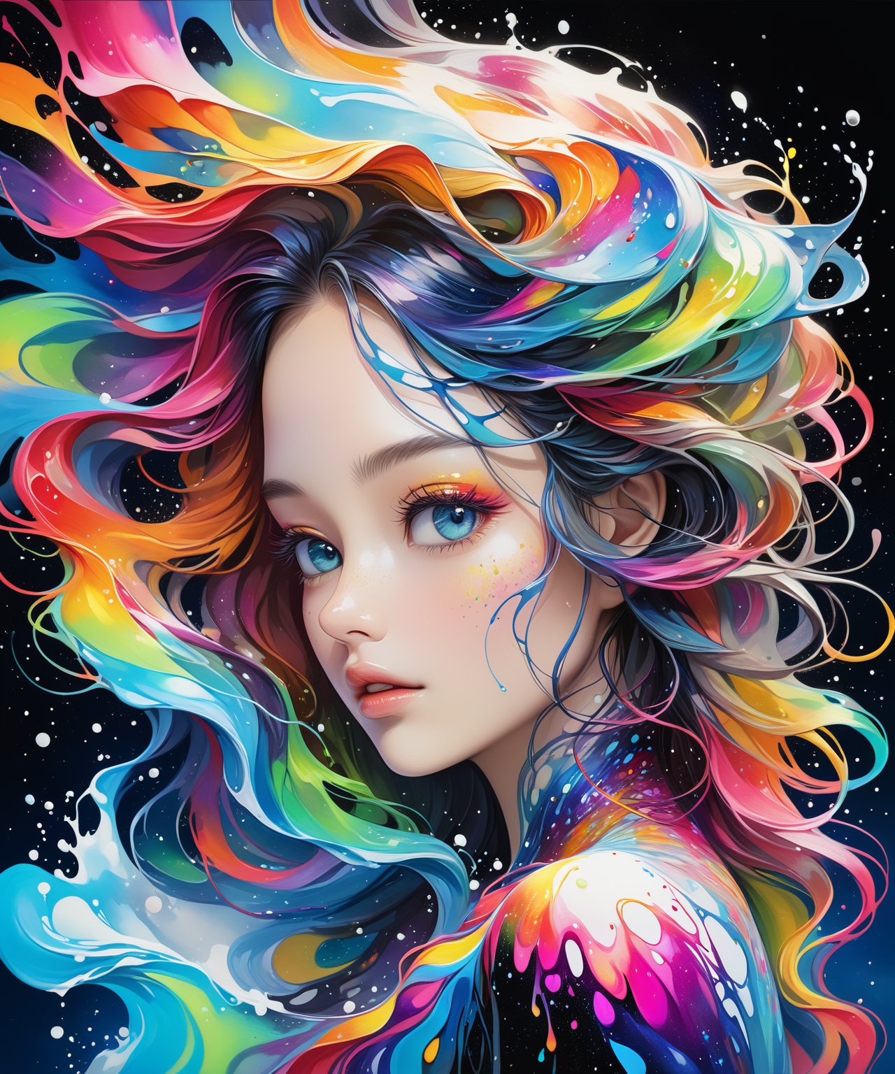 Masterpiece, 4K, ultra detailed,  ((solo)), PhotoRealistic, colorful splash art, liquid luminous busty lady made of colors, long flowy hair, epic aurora borealis, SFW, whole body portrait, depth of field, more detail XL, Ink art