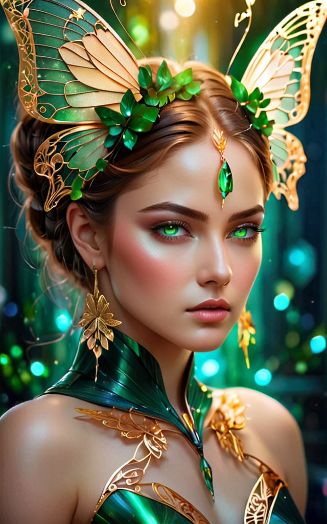 (best quality,8K,highres,masterpiece), ultra-detailed, (portrait of a stunning beauty woman, a beautiful cyborg with brown hair and sharp green eyes), an enchanting portrait capturing the beauty of a cyborg woman with striking brown hair and sharp green eyes. Her features are intricate and elegant, with every detail meticulously rendered to showcase her majestic presence. The portrait is captured through digital photography, allowing for the highest level of detail and realism. Adorning her cyborg form are delicate gold butterfly filigree accents, adding a touch of ethereal beauty to her appearance. Translucent fairy wings extend from her back, hinting at her otherworldly nature and grace. Surrounding her is a shattered glass motif, symbolizing both her fractured humanity and her resilience. This artwork captures the juxtaposition of beauty and technology, inviting the viewer to explore the depths of her character and identity. Feel free to add your own creative touches to enhance the realism and detail of this captivating portrait., Indian beauty