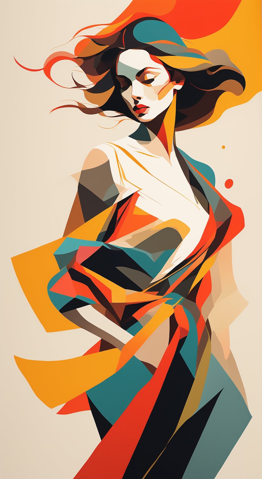 portrait of a woman, upperbody, minimalist, with dynamic movement and bold colors, by vovin, 