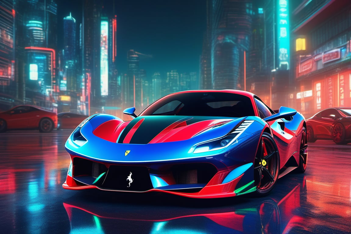 Futuristic Ferrari, wide shot, red and black robotic mecha car, with armor and weapons, futuristic mecha, style, with plates and armor, reflection mapping, realistic figure, night city background, neon, hyper detailed cinematic lighting photography , 32k uhd, shiny metal armor, neon blue and green lighting,