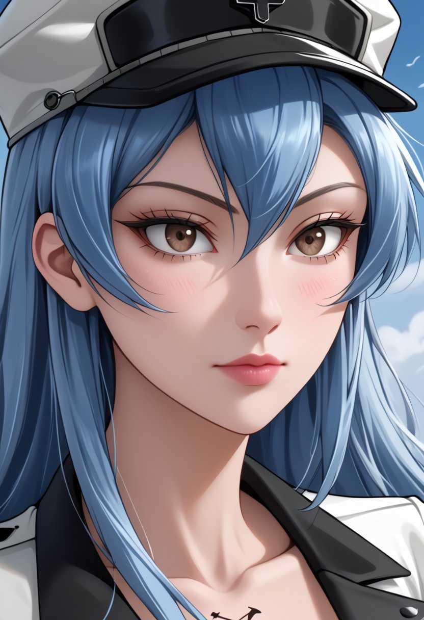 score_4, score_3_down, score_2_down, 1 girl, blue hair,  close up, art,((esdeath)), (light brown eyes:1.3),  (bluelong hair:1.8), black and white cap, original look of black and white clothing, , digital art, floating hair, Extremely Realistic, art photography,Esdeath