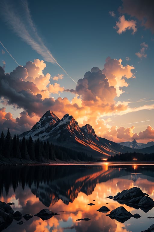 pic of a magnificent sunset over a mountainous landscape, where the high peaks are bathed in a golden light and the sky is painted with soft shades of orange and pink. The clouds extend in dramatic shapes, criando uma cena deslumbrante e serena. No primeiro plano, There is a tranquil lake reflecting the beauty of the sky, while silhouetted trees add a touch of mystery to the landscape. The balanced composition and vastness of nature captured in a convey a sense of calm and wonder at the grandeur of the natural setting. 