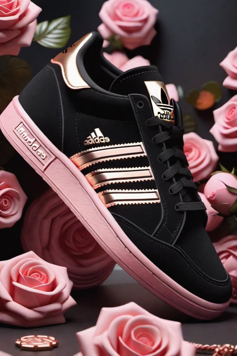 a stunning interpretation of Adidas bloomfield shoe sneaker tribute blackpink girls band, black color and rose gold carved Suede, advertisement, highly detailed and intricate, hypermaximalist, ornate, luxury, cinematic, cgsociety, Miki Asai Macro photography, close-up, hyper detailed, trending on artstation, sharp focus, studio photo, intricate details, highly detailed, by greg rutkowski