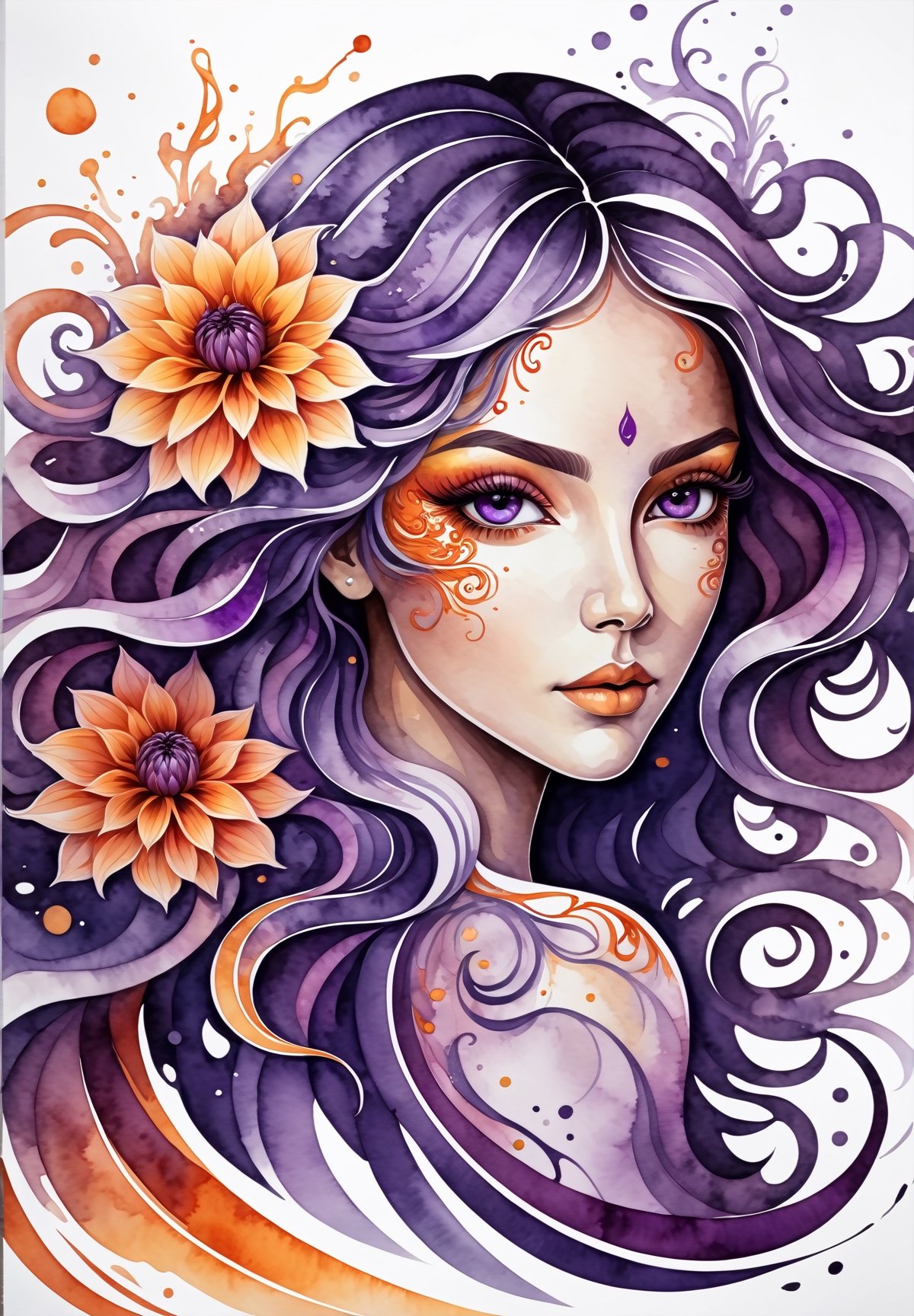 thin and very fine color lines stroke, ink splash art, 1 liquid lady made of colors, liquid Dahlia flowers, filigree, filigree detailed, swirling purple waves and orange flame, intricated pose, big beautiul eyes, slim waist,