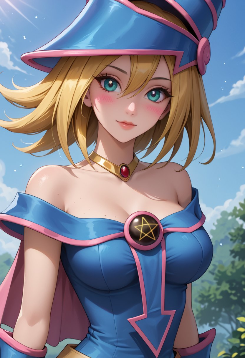 score_4, score_3_down, score_2_down, 1 girl, short blonde hair,  close up, art, blue eyes, DARK MAGICIAN  girl, MAGICIAN HAT, MAGICIAN  look, digital art, floating hair, Extremely Realistic, art photography, 