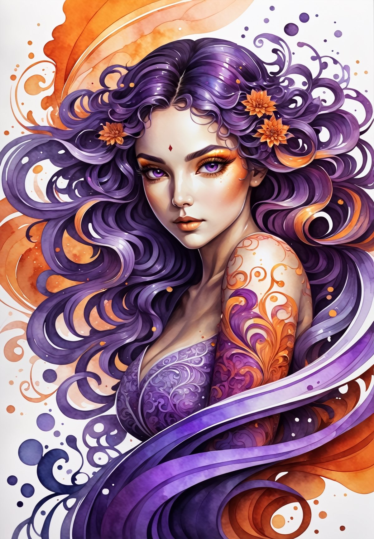 thin and very fine color lines stroke, ink splash art, 1 liquid lady made of colors, liquid Dahlia flowers, filigree, filigree detailed, swirling purple waves and orange flame, intricated pose, big beautiul eyes, slim waist,