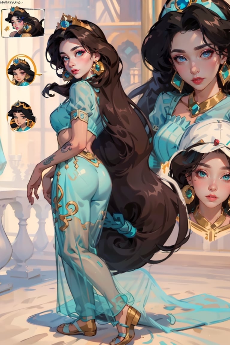 The concept character sheet of a strong, attractive, and hot princess Jasmine large breast. Her face is oval,  forehead is smooth and visibly rounded at the temples. jawline is softly defined,  giving her a gentle and feminine appearance, full body,  Full of details, frontal body view, back body view, Highly detailed, Depth, Many parts,((Masterpiece, Highest quality)), 8k, Detailed face (long hair), angry expression, Infographic drawing. Multiple sexy poses. tattoos,3d,Jessica_Drew_aiwaifu, Big round ass, princess Jasmine