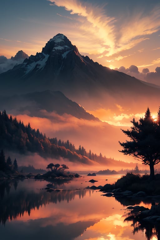 pic of a magnificent sunset over a mountainous landscape,  where the high peaks are bathed in a golden light and the sky i...