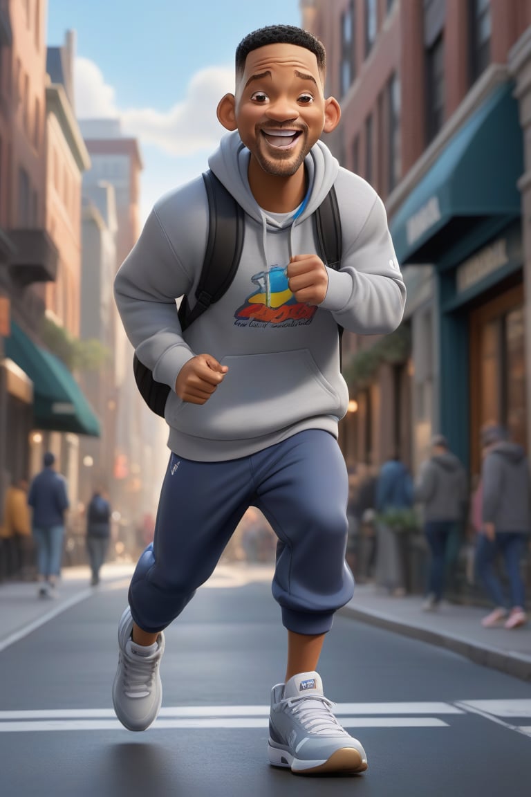 Pixar-style full-length caricature of a mischievous Will Smith in a dynamic pose on a bustling city street, wearing a sports sweatshirt, created by Greg Rutkowski with sharp focus, depth of field, perfect composition and intricate details. , trending on ArtStation and featured on Pixiv Fanbox, digital art, 8K HDR, ultra-realistic, with the feeling